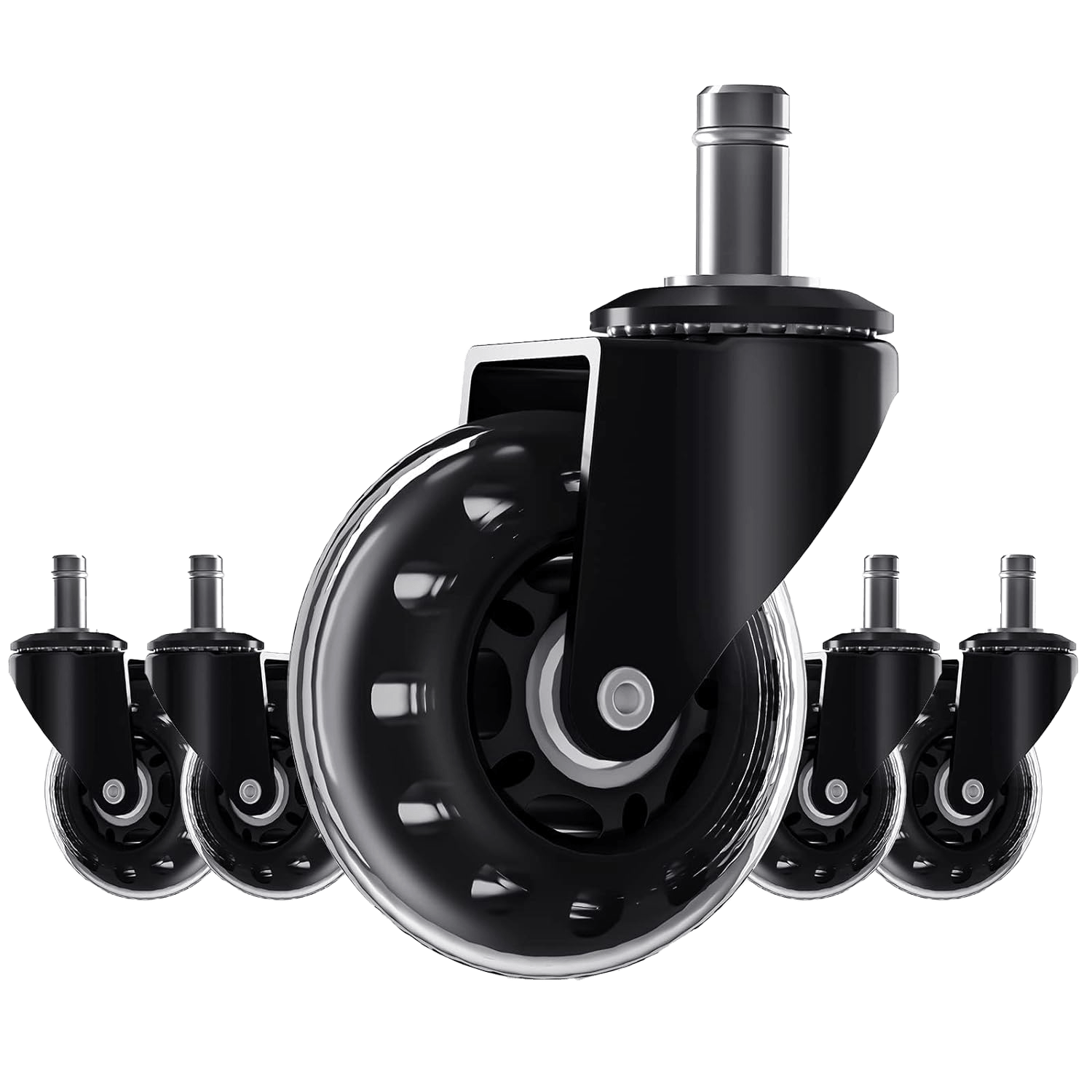 A set of 5 premium HBADA office chair wheels featuring heavy-duty black frames and quiet rollerblade-style casters.