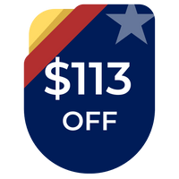 Promotional badge with a star, red and yellow stripes, and text indicating $113 off on a black background.