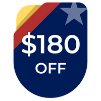 Promotional badge with $180 off text on a blue background