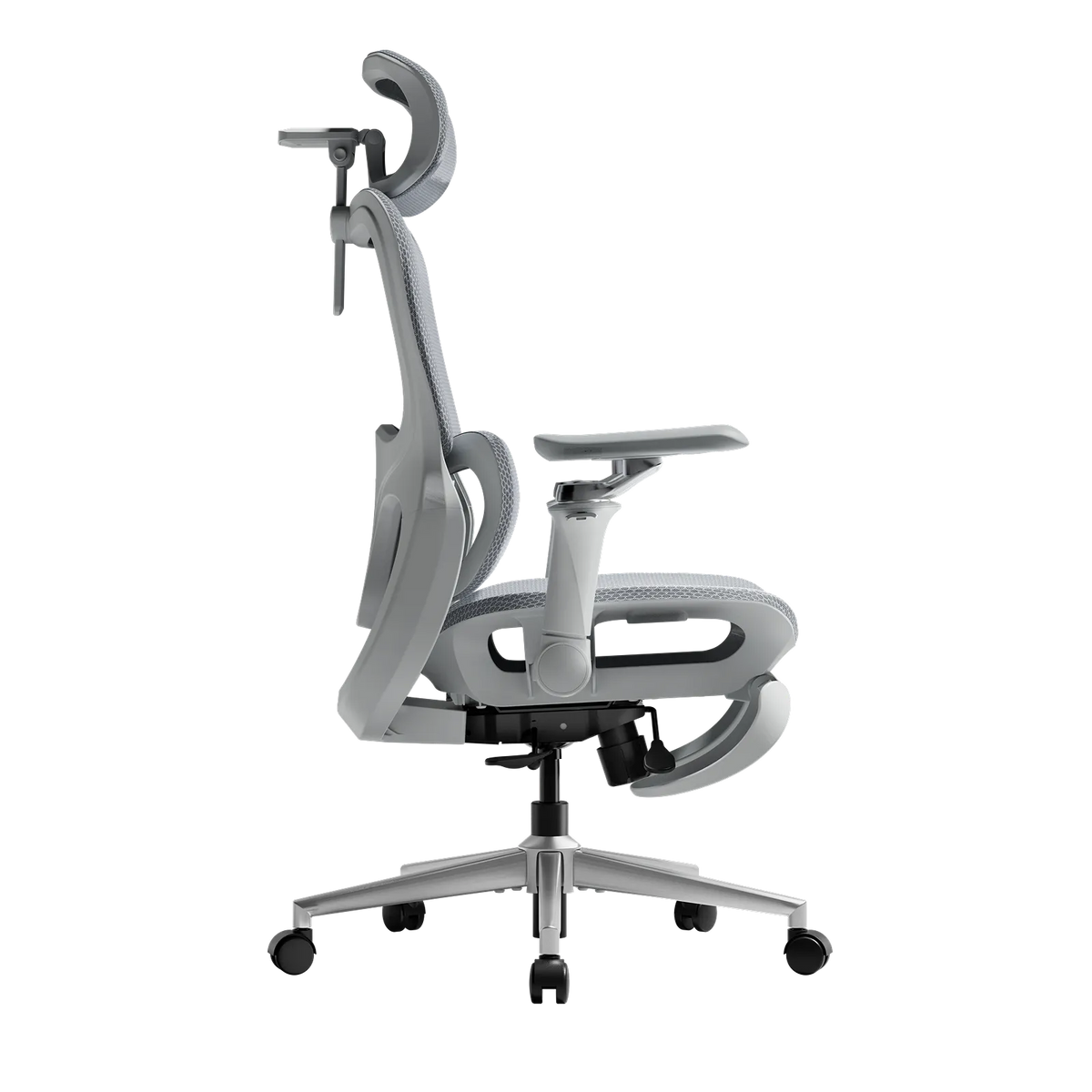 Side view of a grey HBADA ergonomic office chair showing the headrest, backrest profile and armrests
