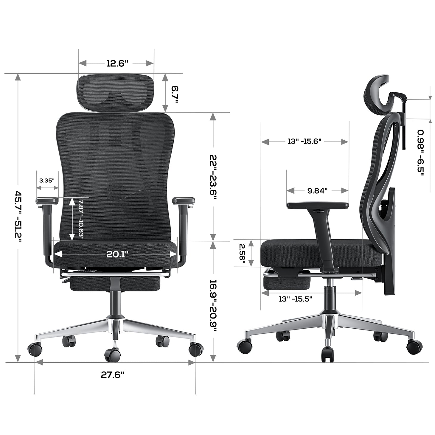 Hbada_P3_office_Chair with footrest upgrade black dimensions