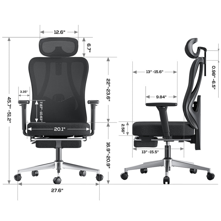 Hbada_P3_office_Chair with footrest upgrade black dimensions