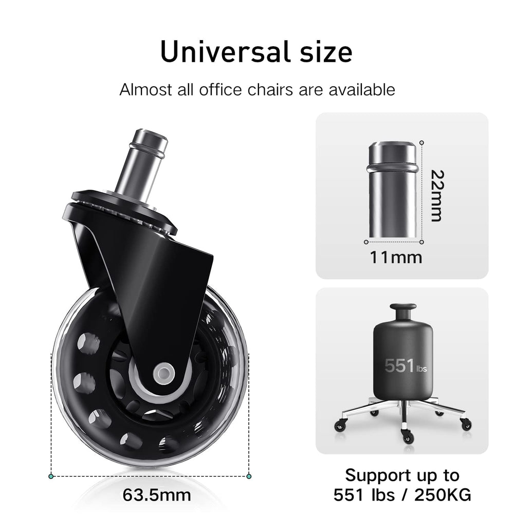 Technical specs for HBADA universal office chair casters showing the standard 11mm x 22mm stem size for broad compatibility.