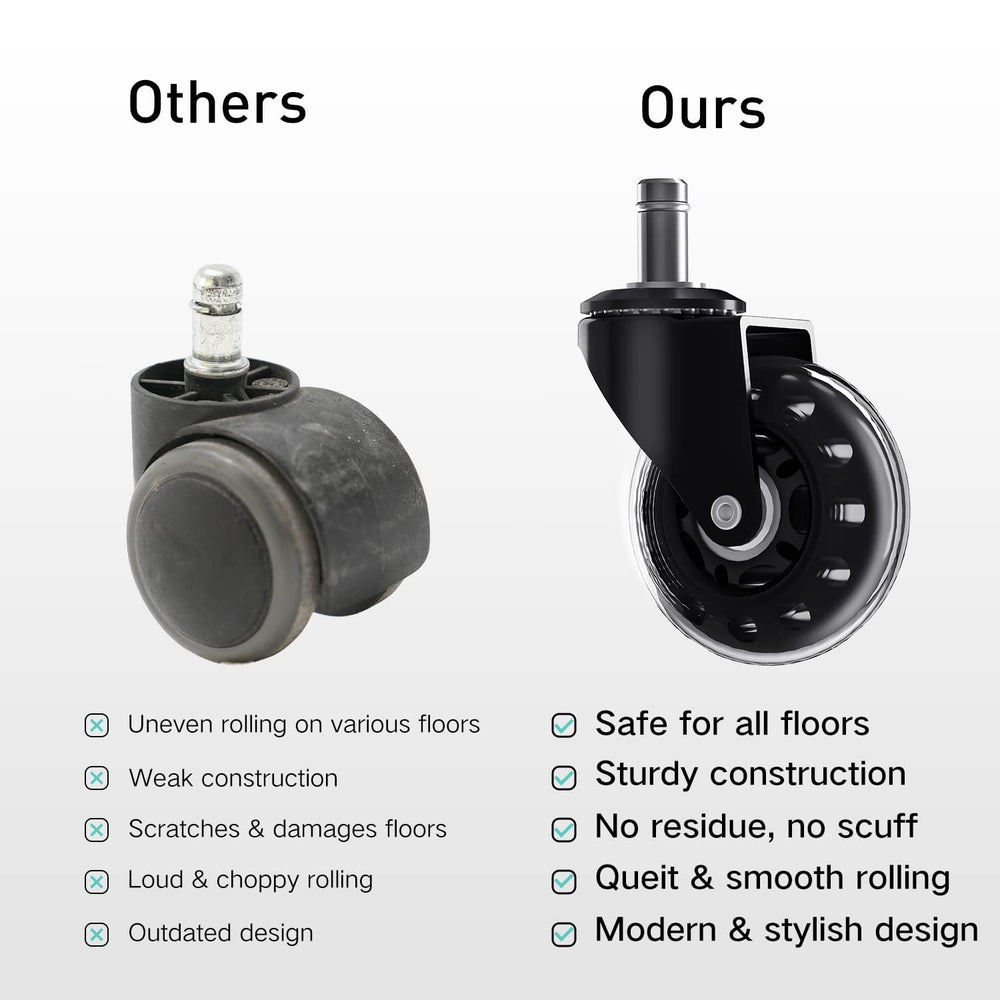 Comparison between HBADA durable floor-protecting wheels and generic plastic casters, highlighting superior quality and floor safety.
