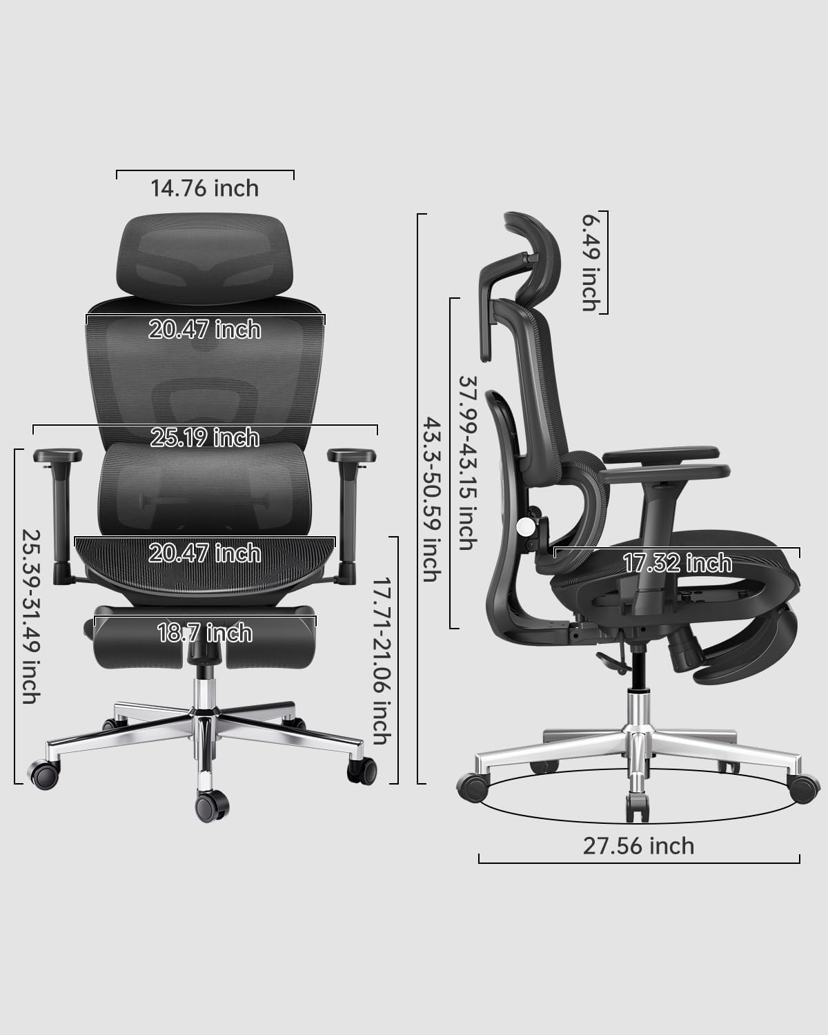 HBADA E2 Ergonomic Office Chair black dimensions~scene