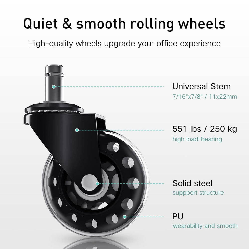 Close-up of a quiet and smooth-rolling HBADA office chair wheel with precision ball bearings for friction-free gliding.