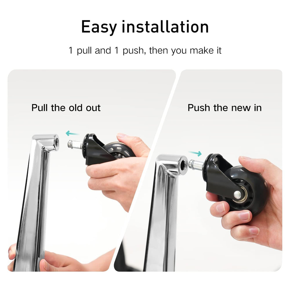 Easy no-tool installation guide for HBADA office chair wheels, showing the simple pop-in process for a quick chair upgrade.