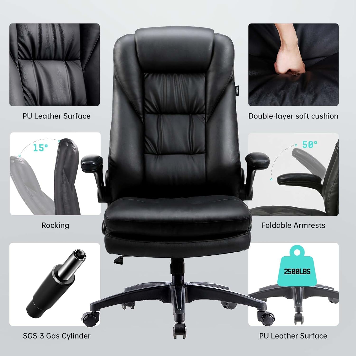 Hbada Executive Office Chair, Big and Tall Desk Chair 400lbs Wide Seat, High Back PU Leather Ergonomic Computer with Adjustable Armrest, 360° Swivel Height, Black