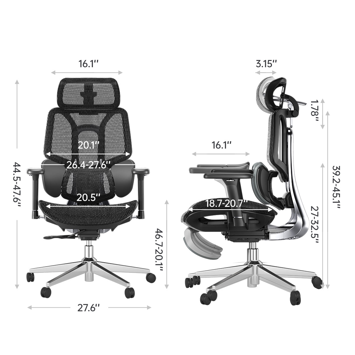 HBADA E3 Air Ergonomic Office Chair without footrest black dimensions~1-1