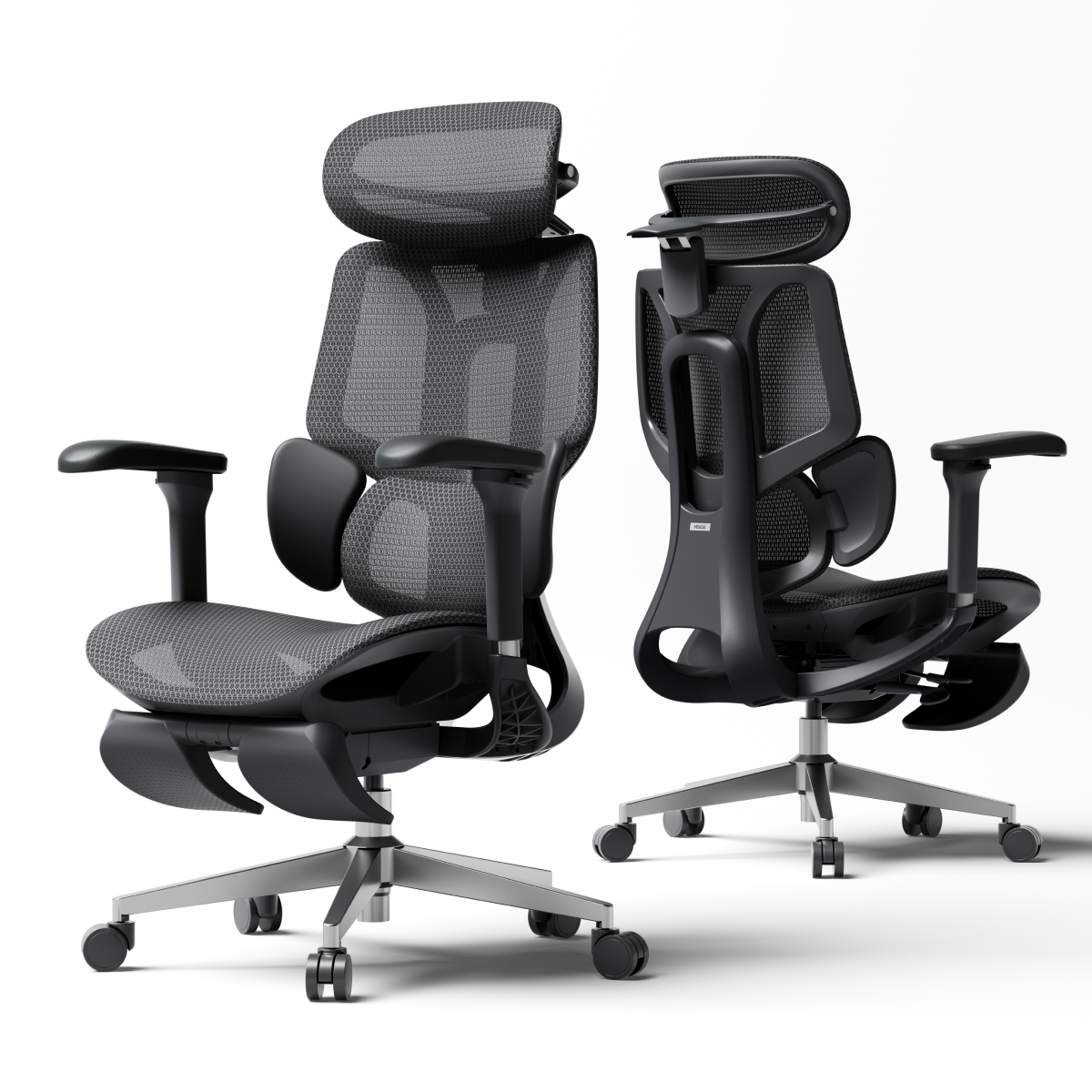 Person lounging in a modern office chair with a computer setup in the background ~scene