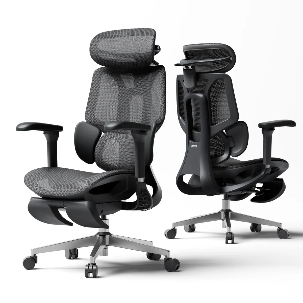 Person lounging in a modern office chair with a computer setup in the background ~scene