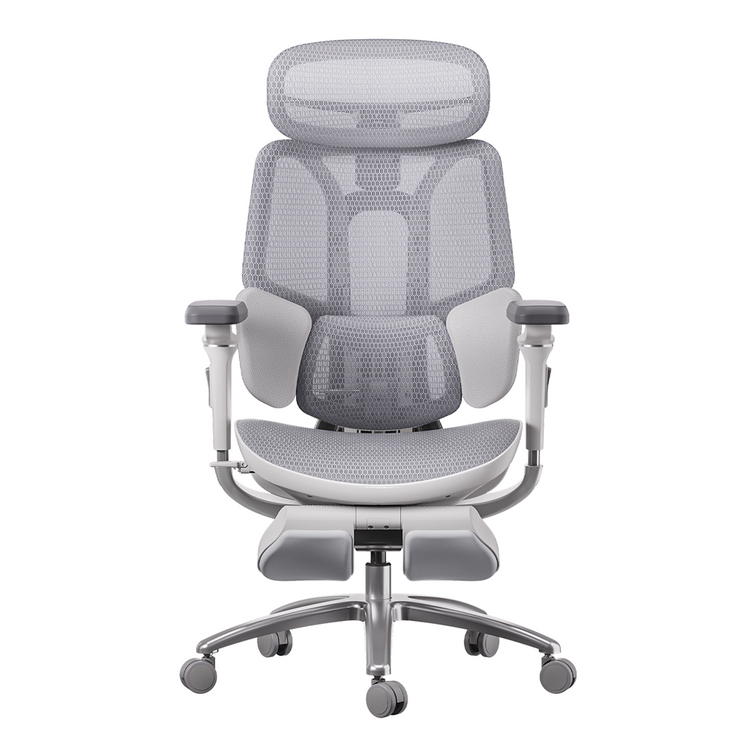 Gray office chair with mesh design on a white background