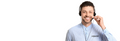 Man wearing a headset with 'HBADA' on his shirt against a white background