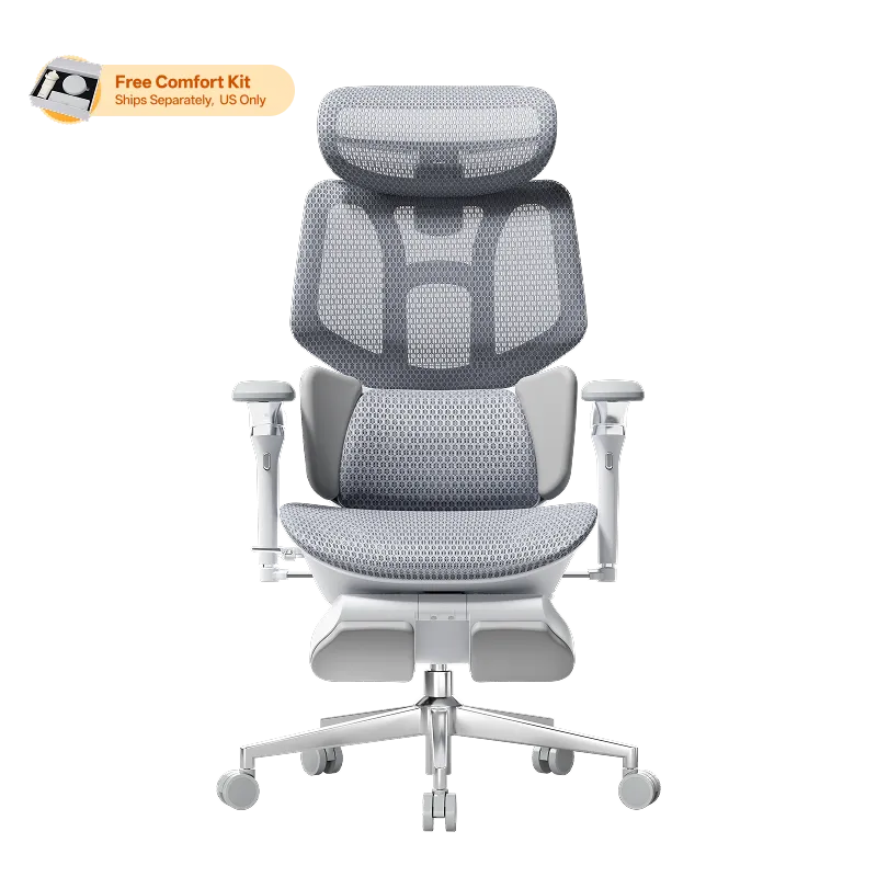 Front view of a gray HBADA X7 ergonomic office chair with headrest and armrests