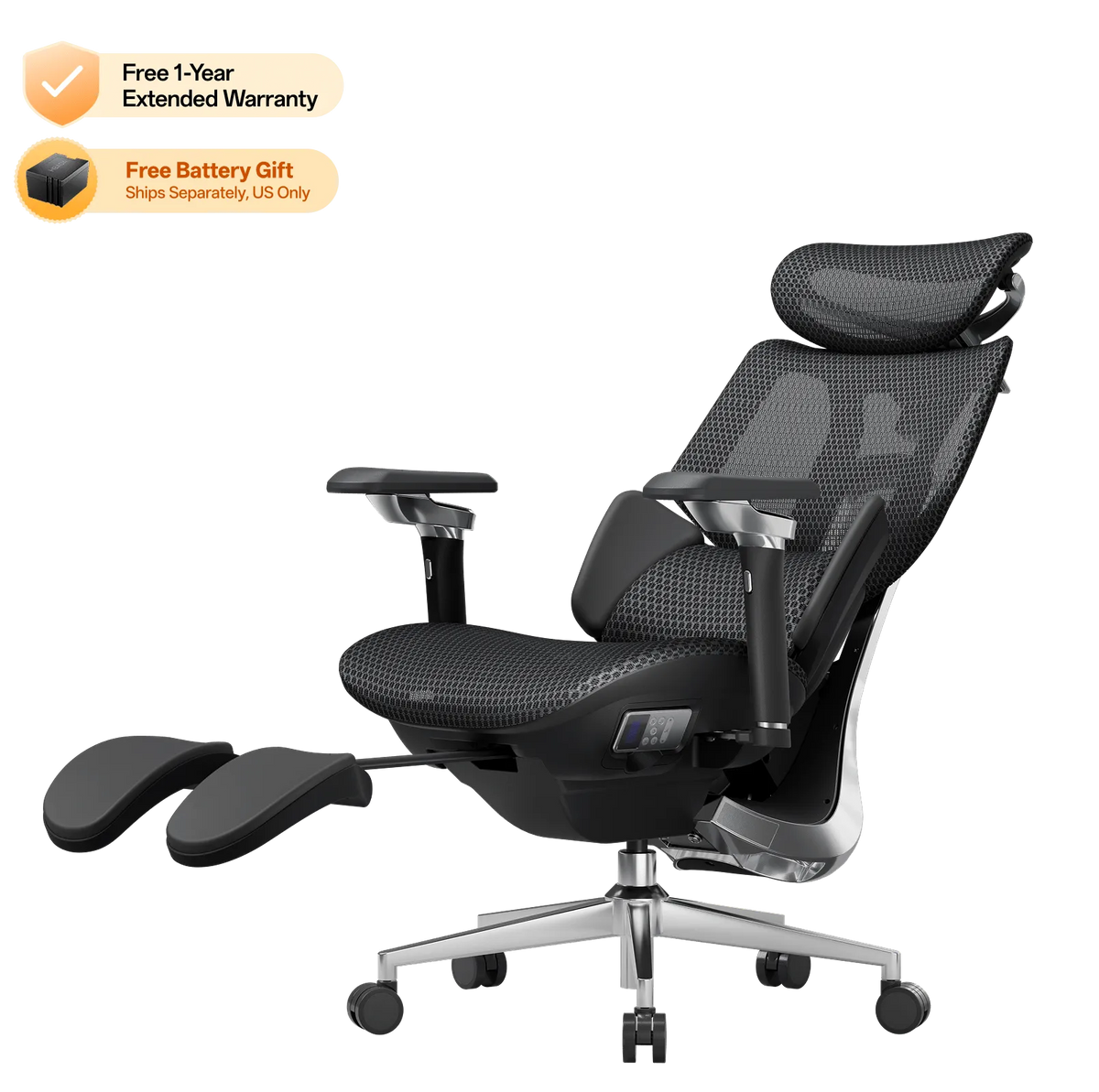 Black HBADA X7 ergonomic office chair reclined with the footrest extended