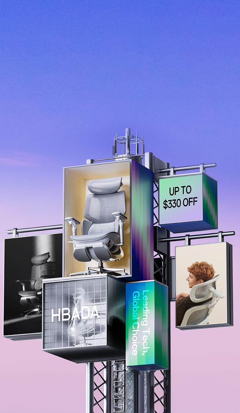 Billboard with chair advertisement and promotional text against a blue sky.