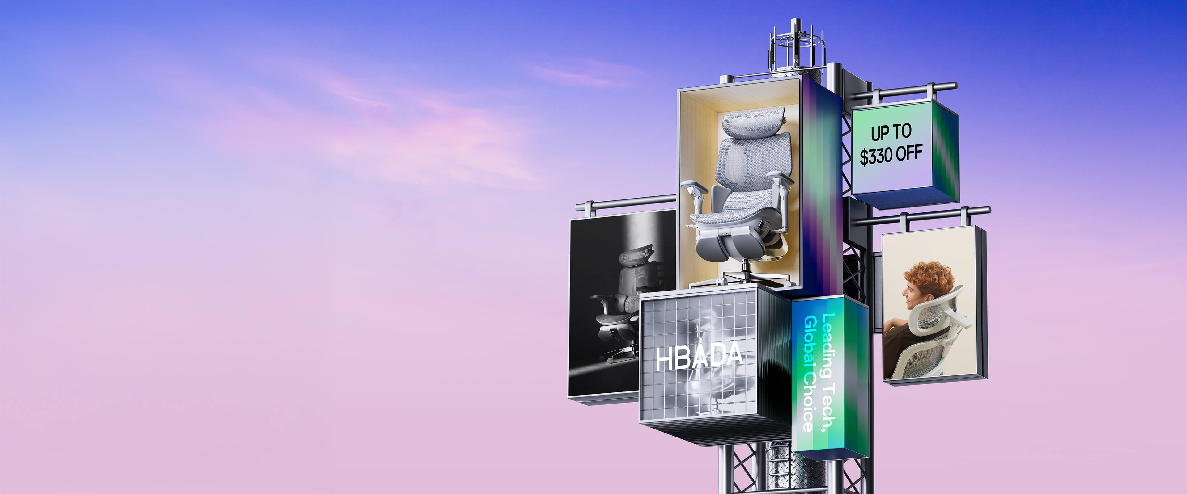 Multilevel billboard with various advertisements against a pink and purple sky.