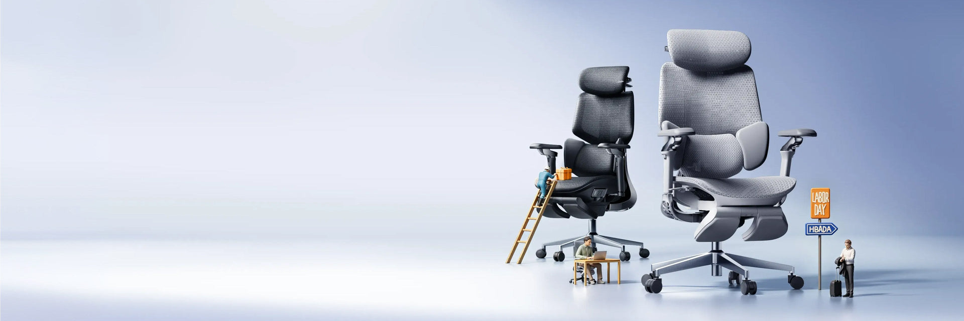 Labor Day sale banner with office chairs and a city skyline