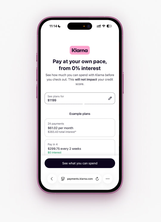 HBADA website desktop banner promoting buy now pay later options with Klarna for ergonomic furniture upgrades.