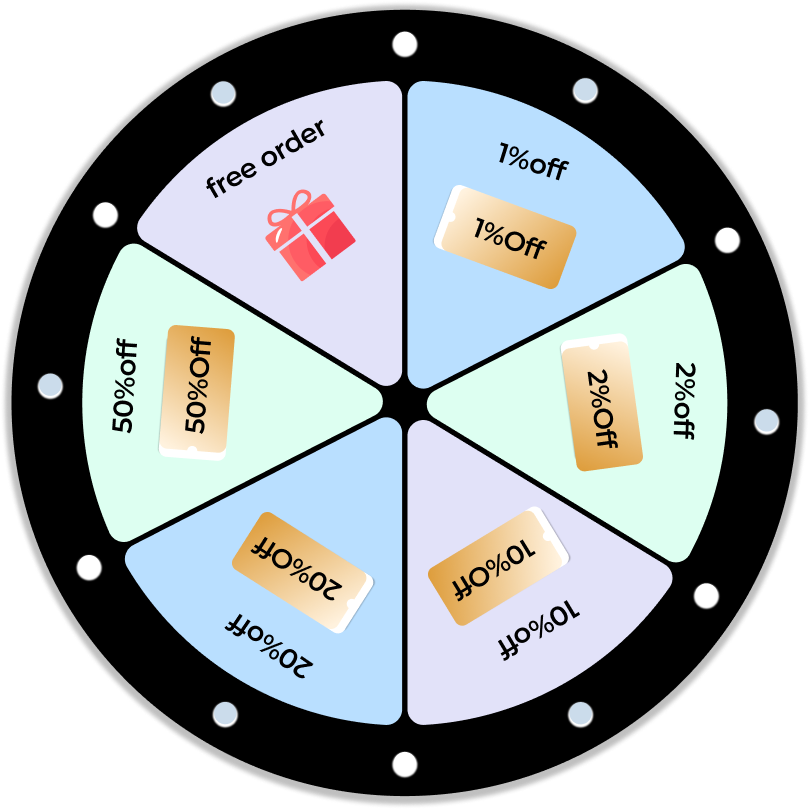Round promotional wheel with various discount and offer text on a white background