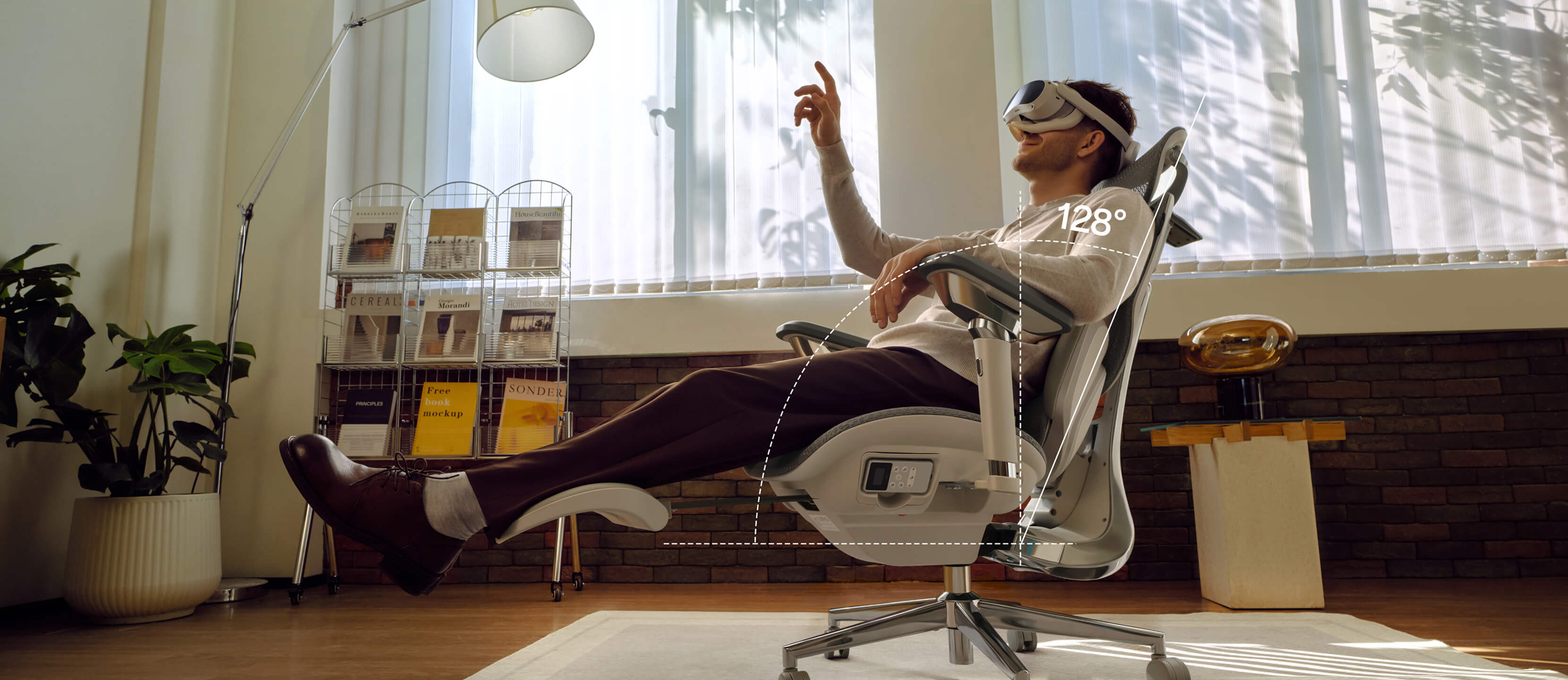 Comfortable lean back 128 degree desk chair with stable wheelbase.